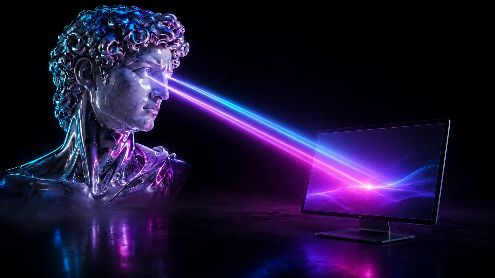An iridescent sculpted bust beaming a ray of light into a screen, representing AI answering questions about a business.