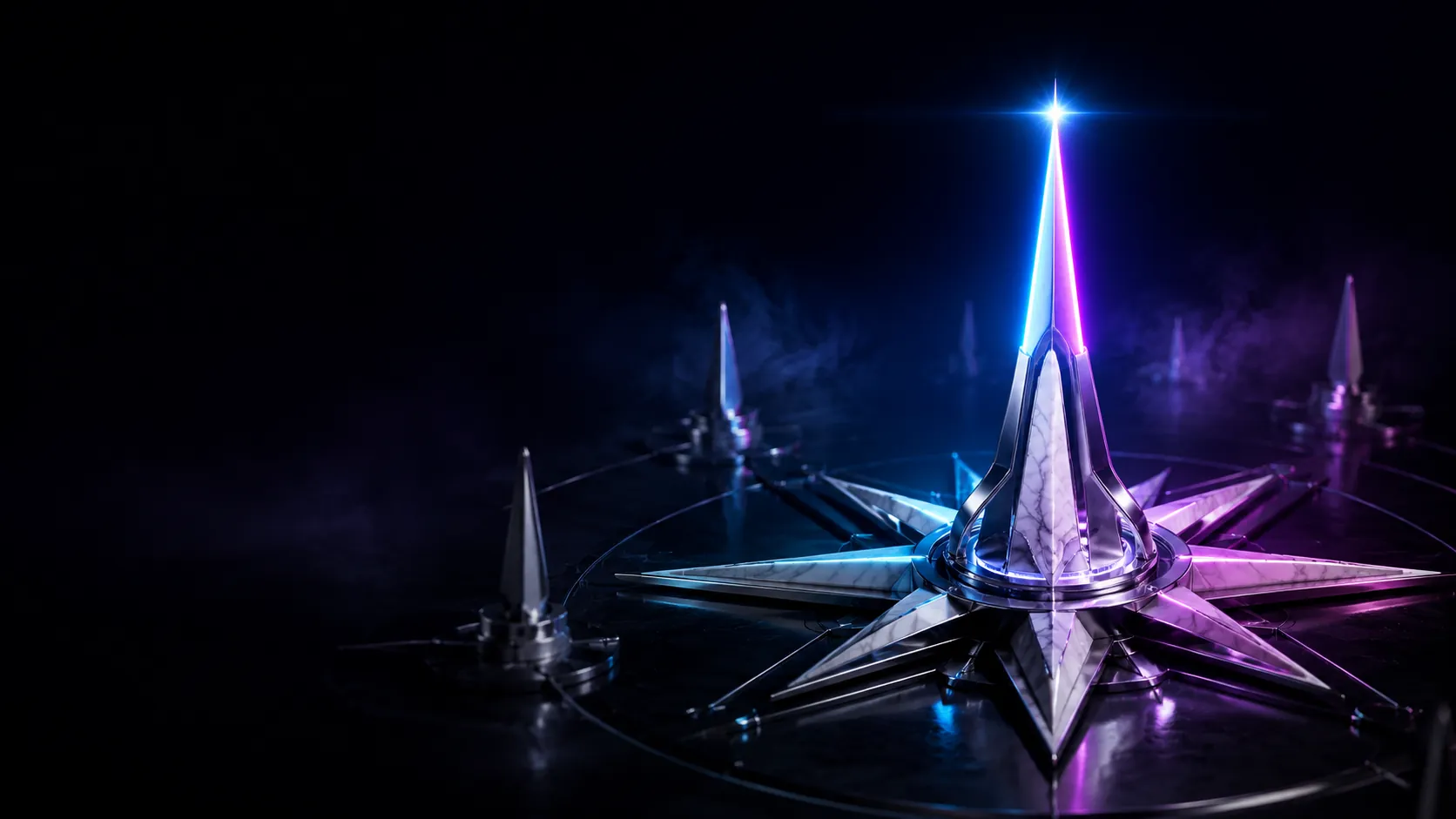 A chrome and marble compass star with a glowing beacon on a dark background, representing choosing the right direction.