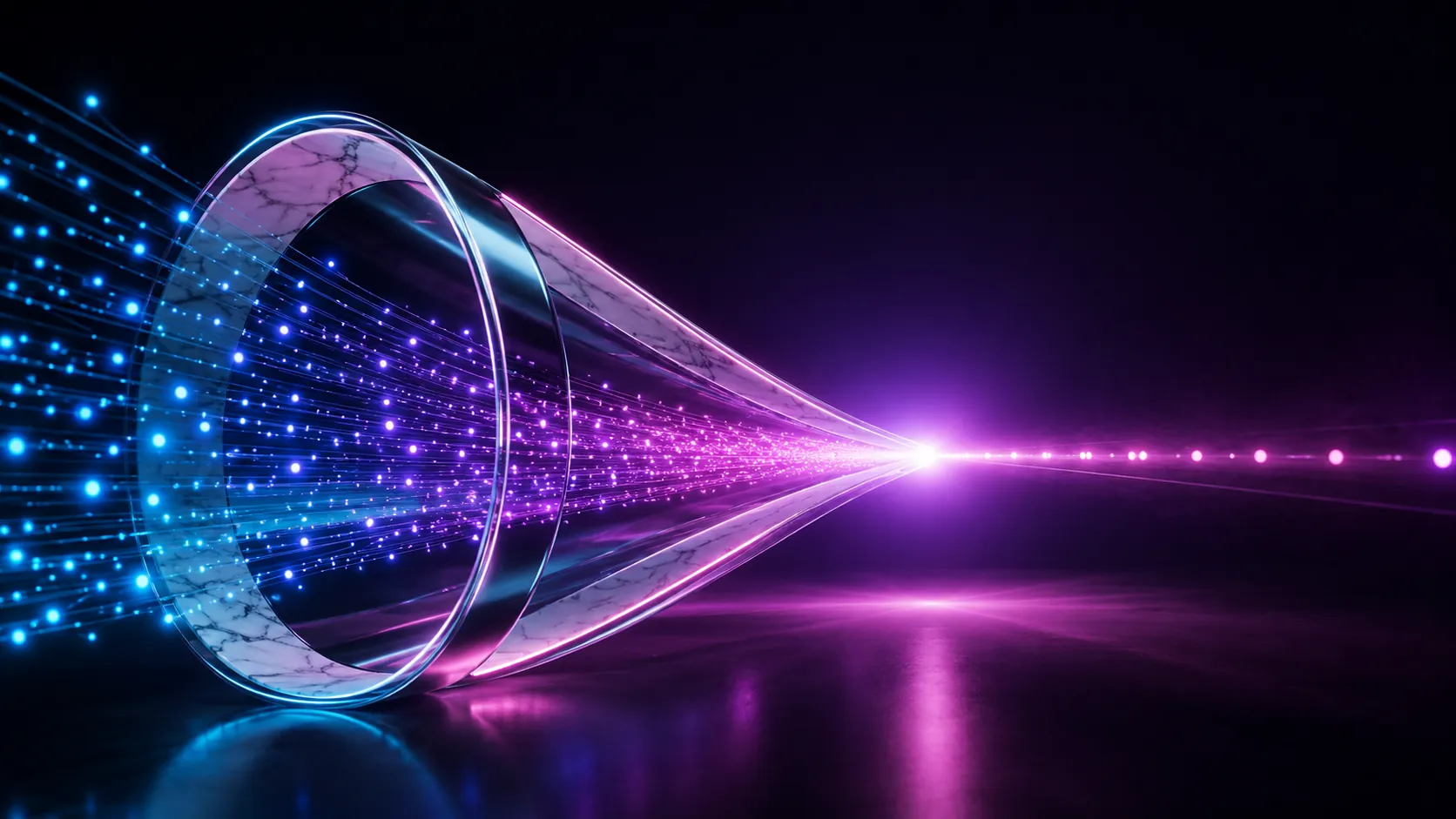 A luminous funnel drawing streams of light particles to a single bright point, representing conversion rate optimization.