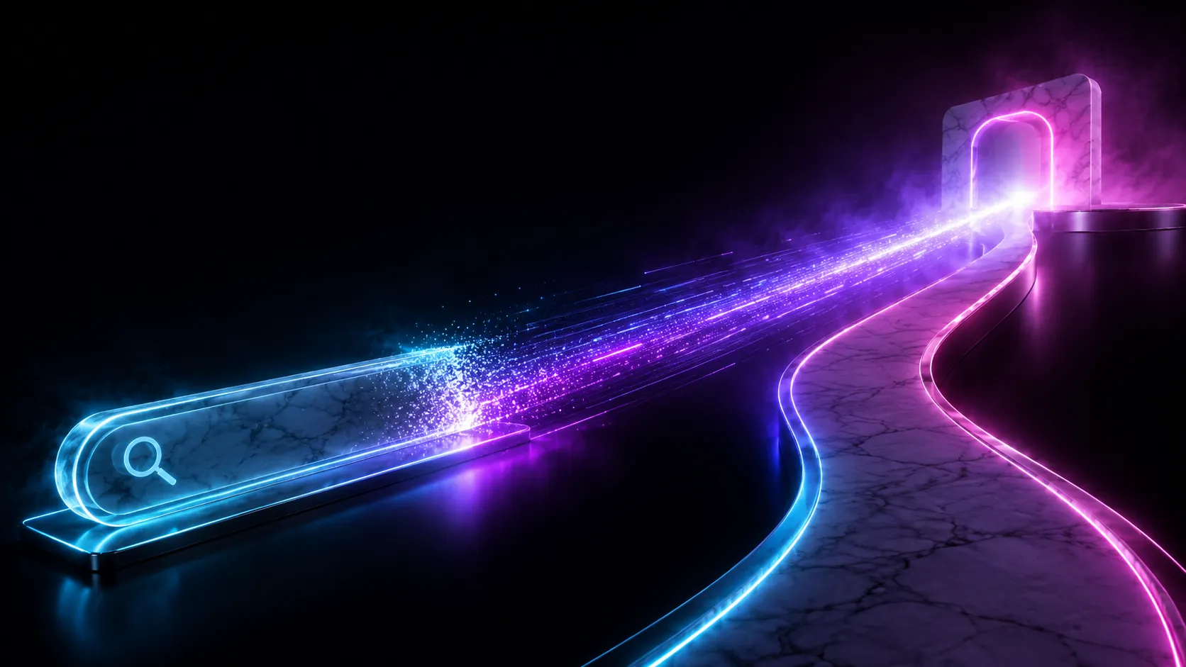 A glowing search bar with light streaming down a marble path toward a portal, representing the shift from search to AI answers.