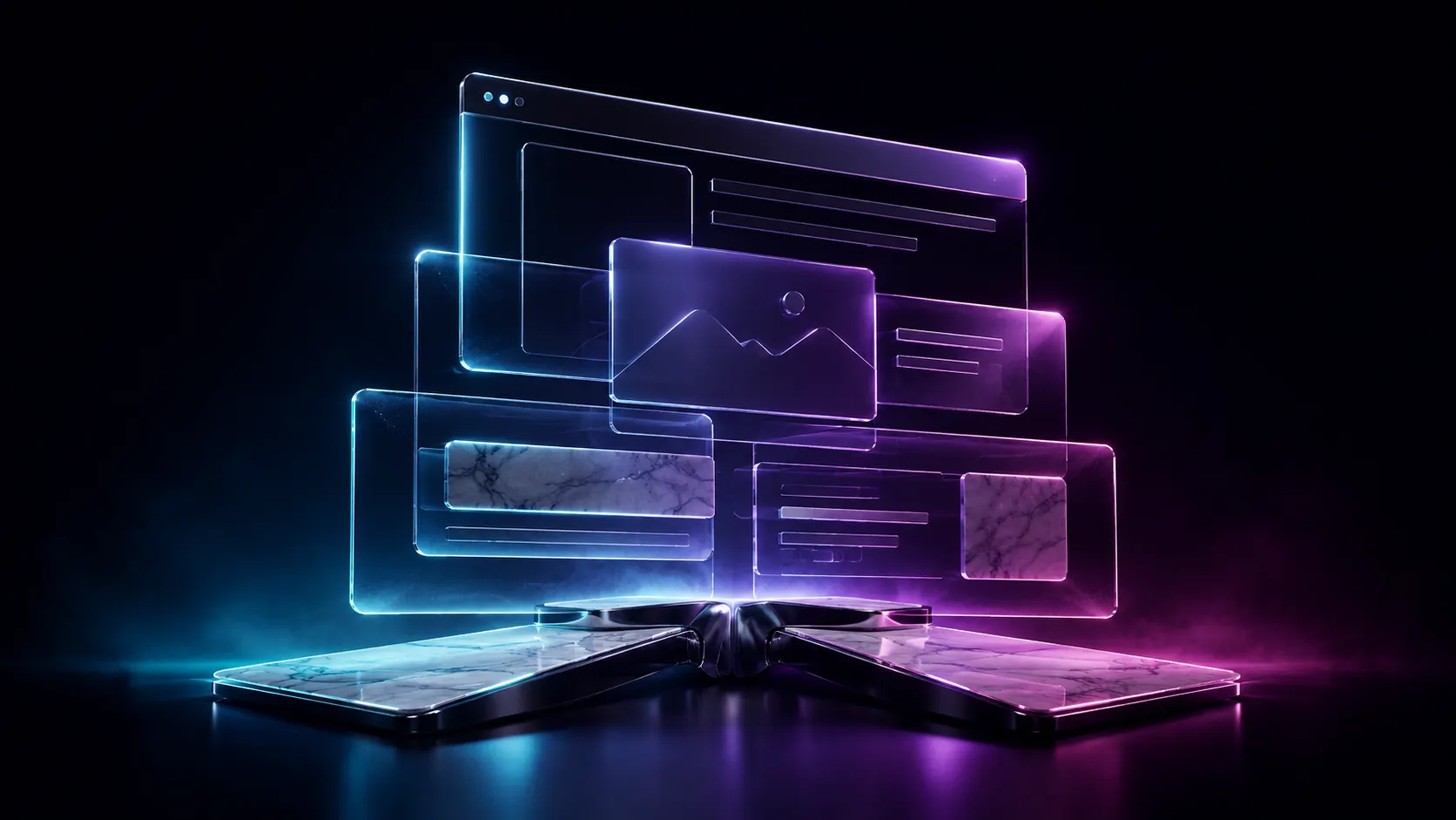 Glowing translucent website panels assembling in the dark, representing a website being built.